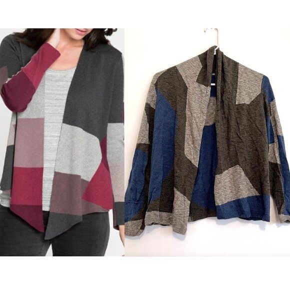 NIC+ZOE Tan Brown ish Blue Colorblock Geo Geometric Open Cardigan PETITE PP / XS - Picture 1 of 15